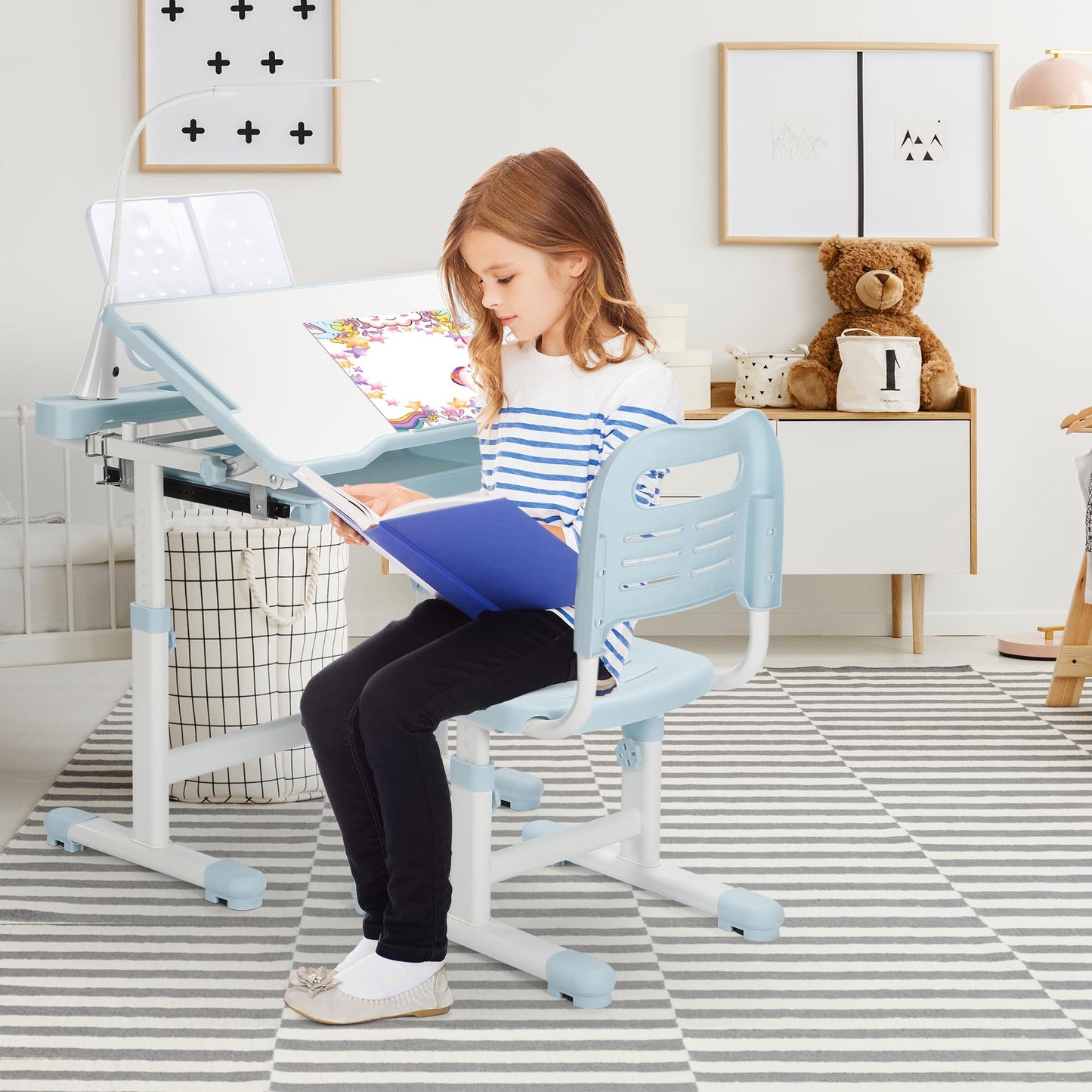 Rengue Kids Desk and Chair Set, Height Adjustable Children School Functional Study Desk with 55° Tiltable Desktop, 3 Modes & Brightness LED Light, Storage Drawer & Metal Hook for Boys Girls (Blue)