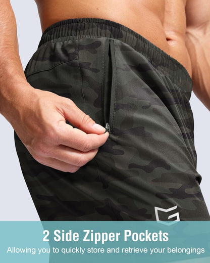 G Gradual Men's Athletic Running Shorts with Zipper Pockets Quick Dry 7"/ 5"/ 9" Workout Gym Shorts for Basketball Hiking(Green Camo,5L)