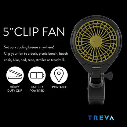 Treva 5 Inch Battery Powered Clip Slim and Portable Cooling Fan with Clamp for Travel, Outdoor,Camping, Car, Office Desk, Baby Stroller - Multi-Directional Rotating and Adjustable Head (2 Pack)