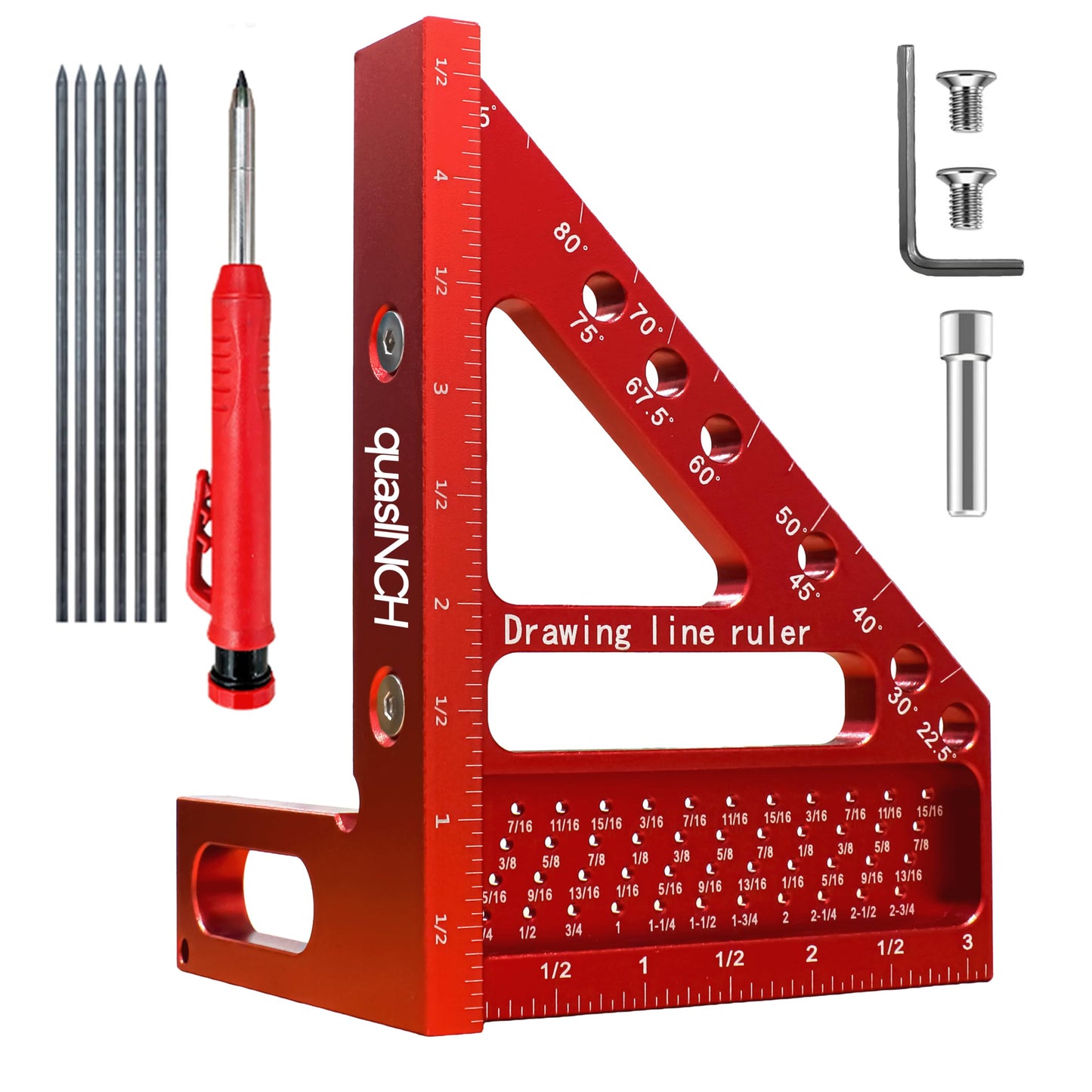 4.7＂Mini 3D Multi-Angle Measuring Square Ruler, QWTR1 High Precision Hole Scribing Woodworking Tools, 22.5°-90° Aluminum Alloy Carpenter Square with Angle Pin, Carpenter Pencil with Sharpener 6 Leads