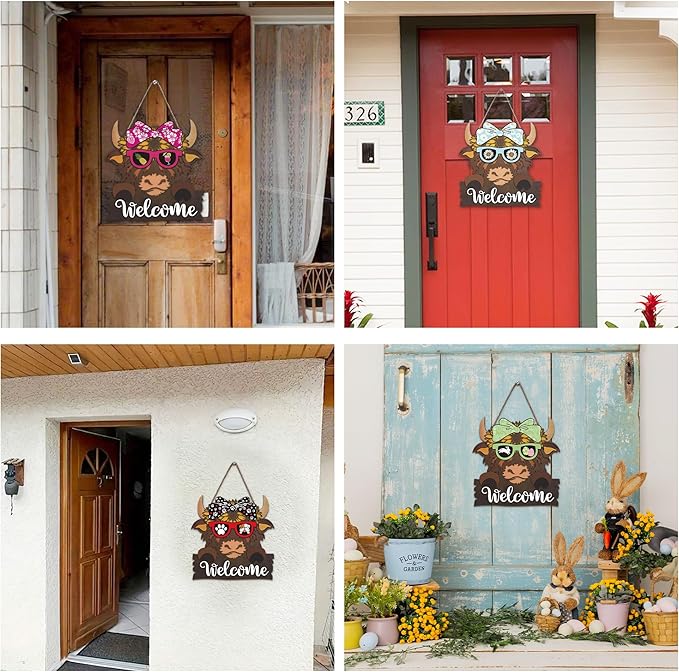 Highland Cow Front Door Decorations - Interchangeable Welcome Sign for Front Door with 16 Set Changeable Icons for Seasons Holiday Thanksgiving Christmas Door Decor
