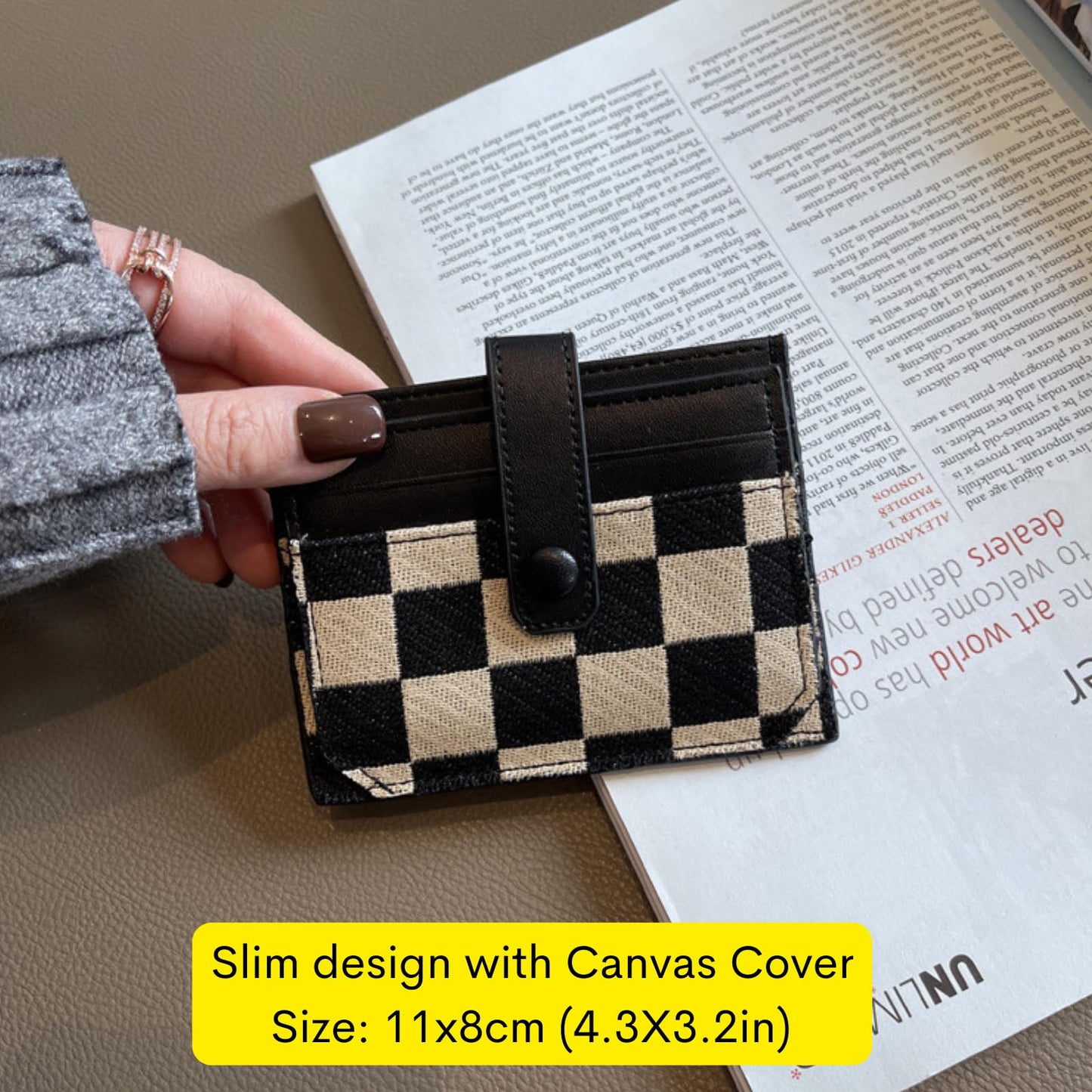 TURBOOST Cute Slim Card Holder Canvas Front Pocket Checkered Wallet, Small Credit Card Case for Women (Black)