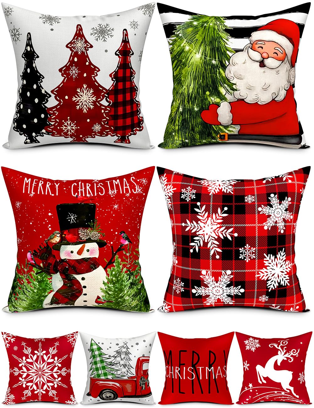 Double-Sided Print Christmas Pillow Covers 20''x20'', Set of 4, 8 Christmas Patterns Christmas Tree, Snowman, Snowflakes, Merry Christmas, Deer, Santa Claus,Truck, Let It Snow, Soft Linen Material