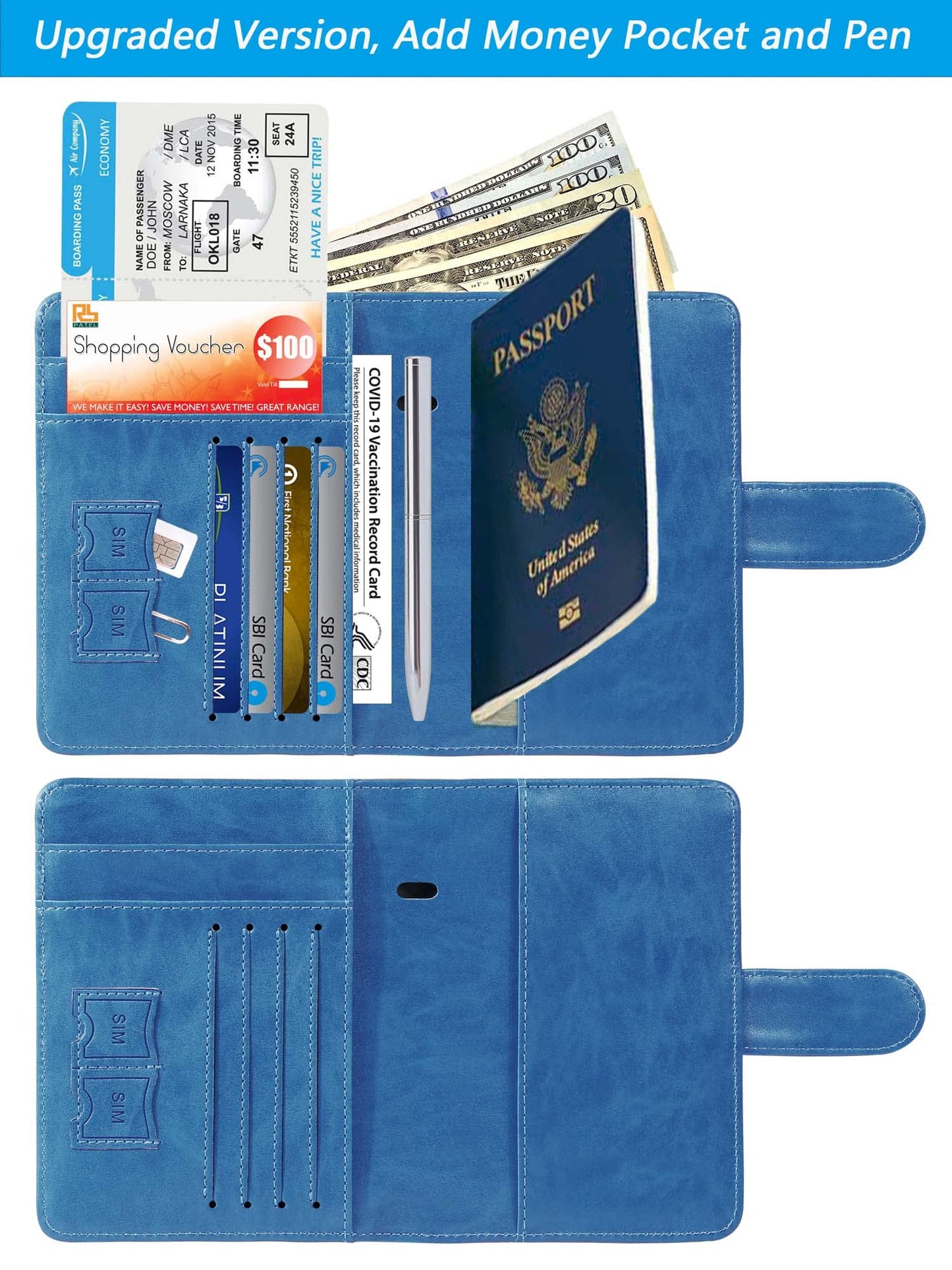 Passport Holder With Luggage Tag Cover Wallet RFID Blocking Leather Case Travel Essentials Accessories Travel Must Have(114#Blue)