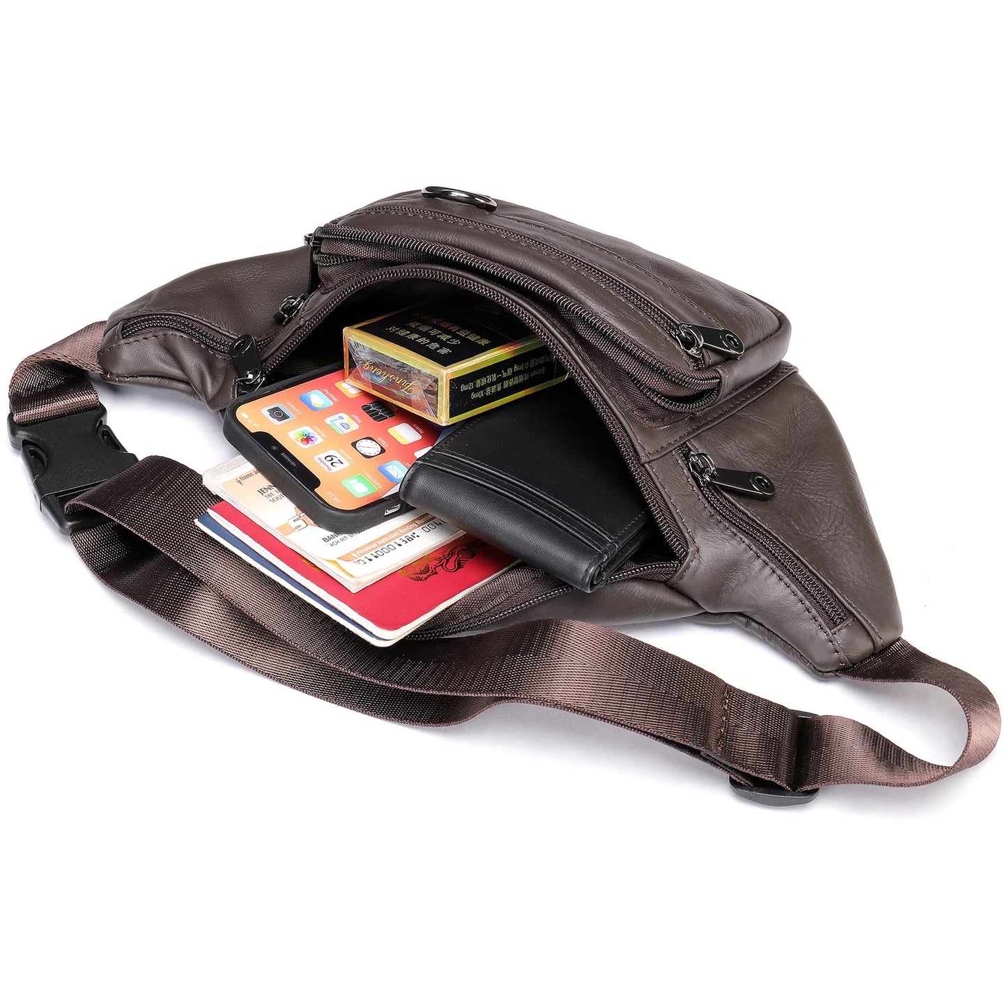 Genuine Leather Fanny Pack HandMade Durable cowhide Waist Bag Lots of Anti-theft zipper pocket Coffee