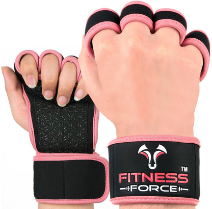 FITNESS FORCE Ventilated Weightlifting Gloves Workout Gloves for Men & Women with Built-in Wrist Wraps Fingerless Gym Gloves for Men Perfect for Exercise Fitness, Weight Lifting, Cross Training
