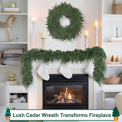 26" Real Touch Christmas Cedar Wreath, Christmas Wreaths for Front Door, Realistic Pine Wreath, Large Green Cypress Wreaths for Home Fireplace Wall Window Porch Outdoor Xmas Holiday Decor