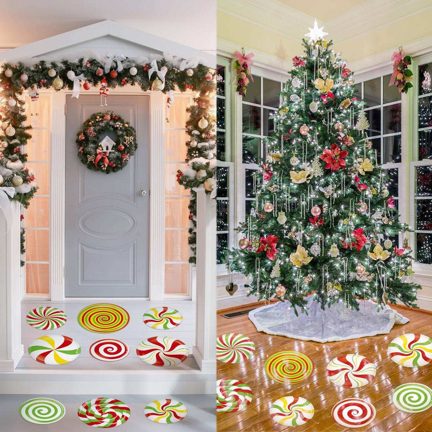 YooNotee 16 Pcs Large Peppermint Christmas Floor Decals Removable Pastel Candy Christmas Floor Stickers Xmas Wall Decals for Home Counters Party Decorations(Red, Green, Yellow,Classic)