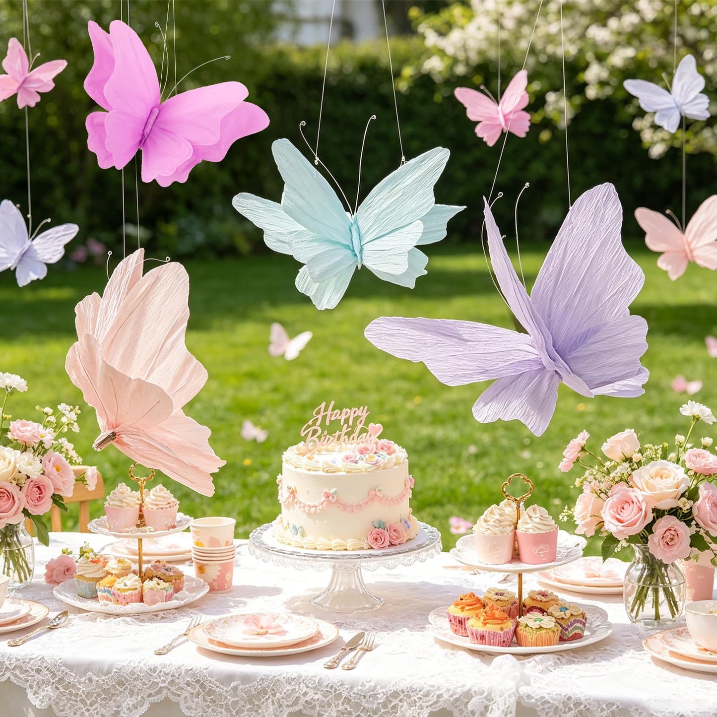 OBBOLO 3D Hanging Butterfly Decorations, Butterfly Birthday Party Decorations, 4 Pcs Crepe Paper Butterfly Hanging Decorations for Girls, Women, Flower Garden Party Decorations