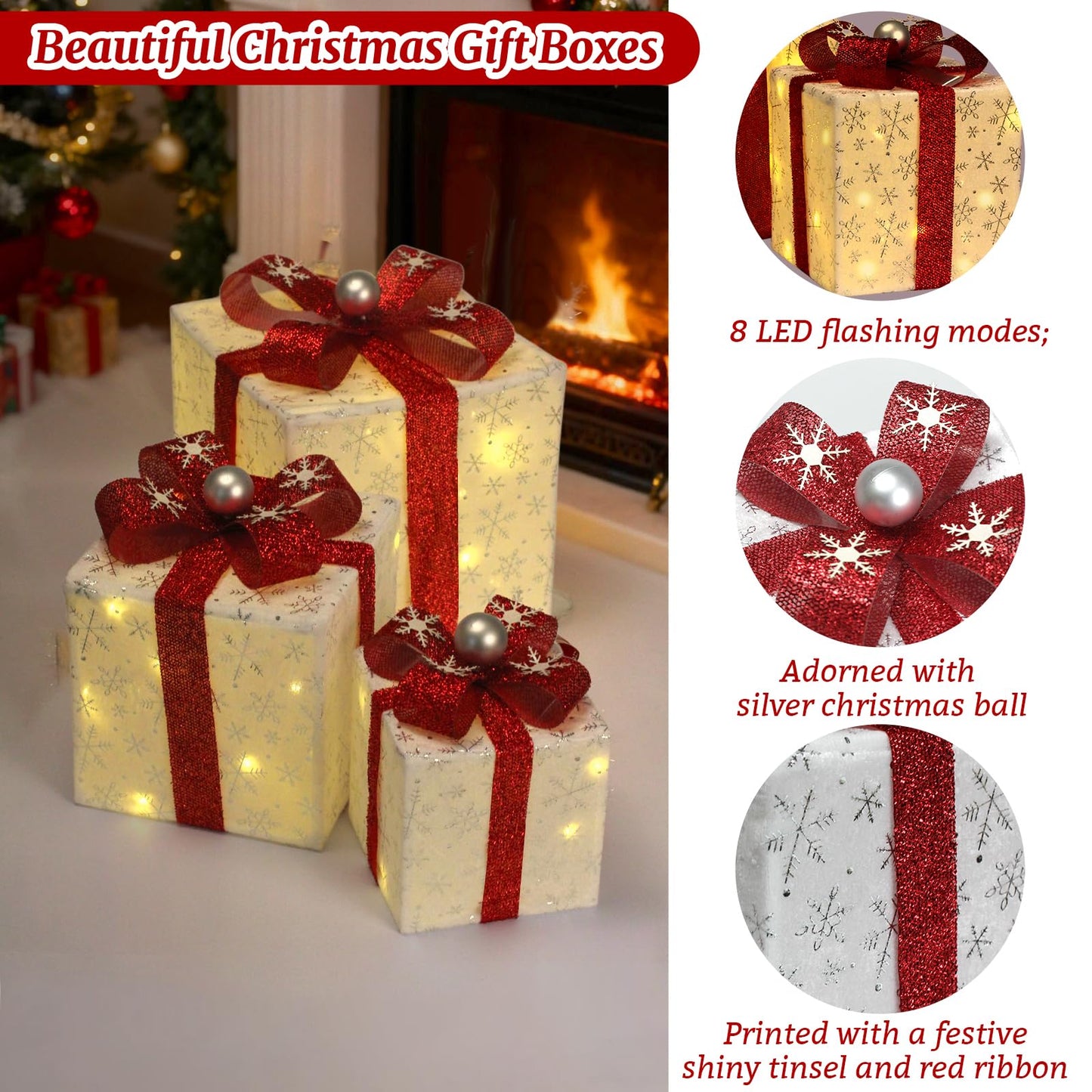 Set of 3 Christmas Lighted Gift Boxes, 60 LED Christmas Lighted Gift Boxes, Presents Box with Silver Christma Ball Ornaments for Xmas Tree, Yard, Home, Indoor Outdoor Holiday Decor