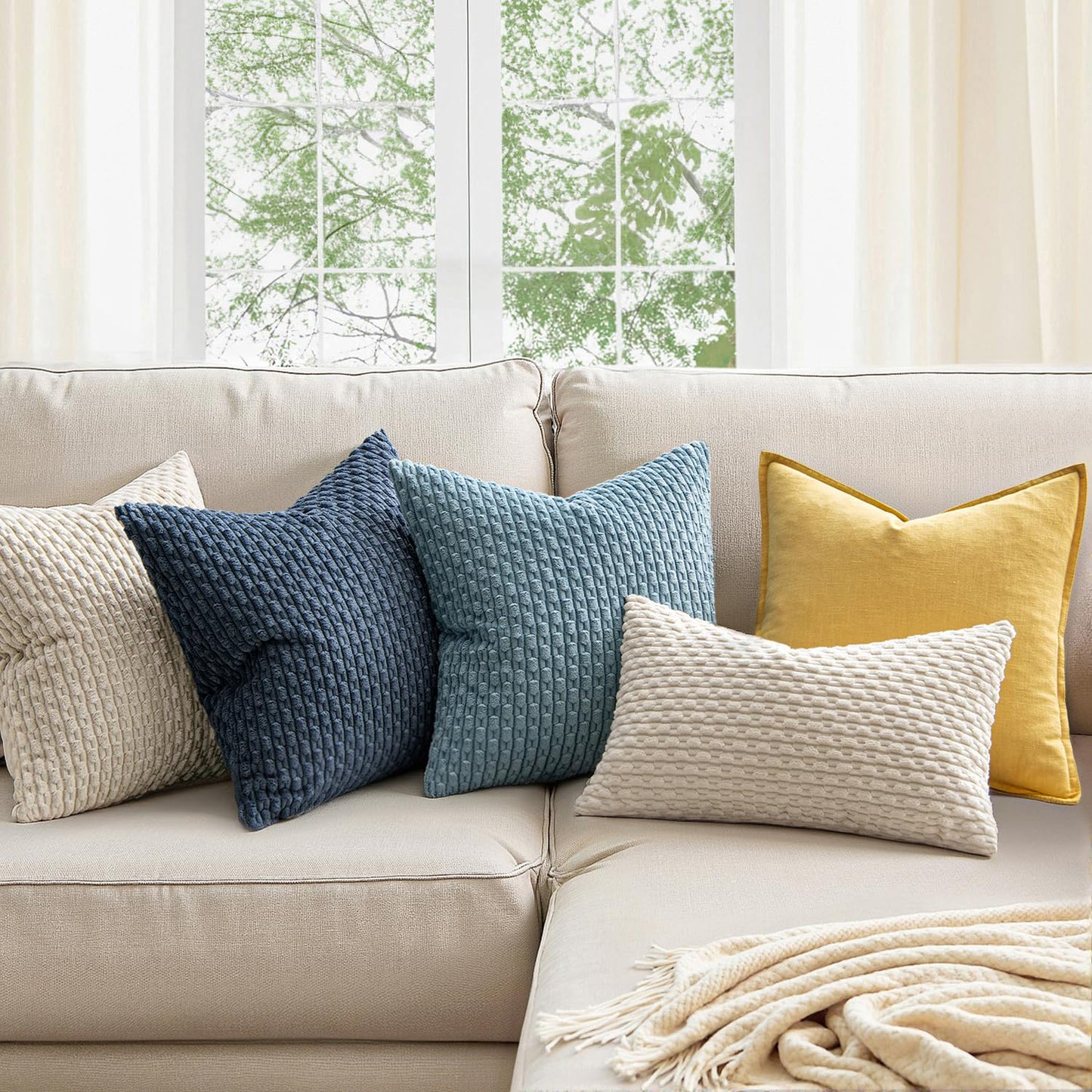 MIULEE Pack of 2 Decorative Throw Pillow Covers 20x20 Inch Soft Boho Striped Textured Corduroy Pillow Covers Modern Farmhouse Home Decor for Couch Bed Sofa Living Room Cream White