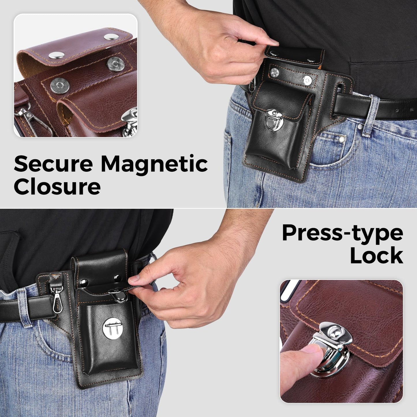 Leather Phone Holster for iPhone 17/16/15/14/13/12/their Pro & Pro Max, Belt Clip Cell Phone Case for Galaxy S25/S24/S23, Multitool Magnetic Closure Belt Pouch, Fits All Phones up to 7" (Ebony)