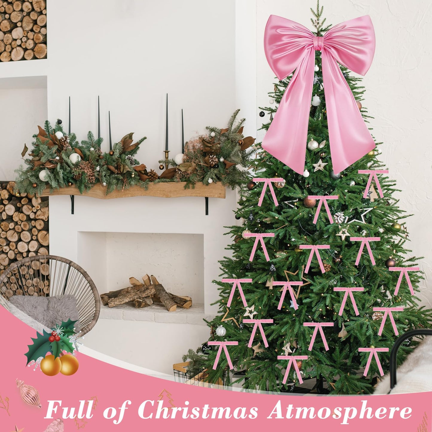 17x23 Inch Large Pink Bow for Christmas Tree Topper Christmas Tree Decoration Set: 24 Small Velvet Bows, 1 Pcs Big Tree Topper Bow, 3000 Strands of Tinsel Icicles for Holiday Decor (Pink)
