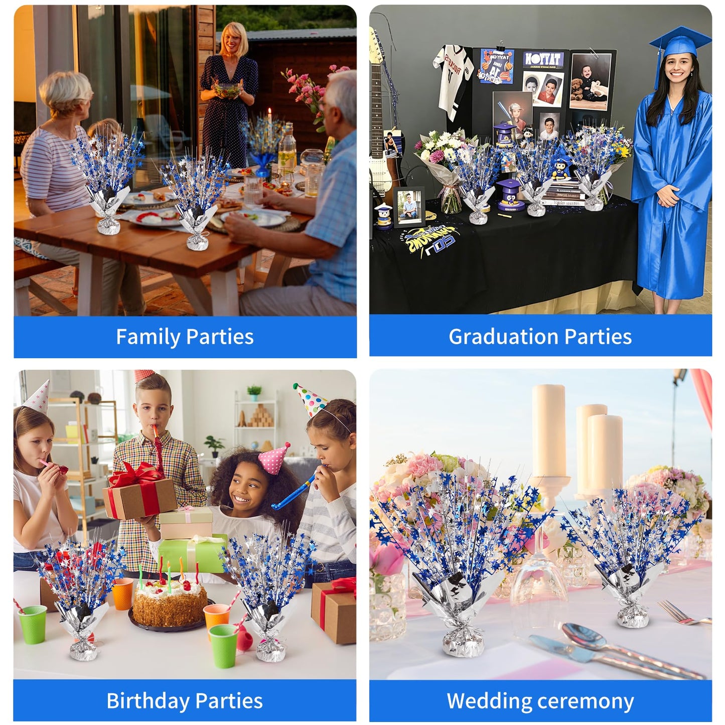 Metallic Foil Spray Centerpieces 12 Pack Star Table Decorations with Weighted Base, Metallic Starburst Table Centerpiece for Graduation 2026, Birthday, Party Decorations (Silver Navy Blue)