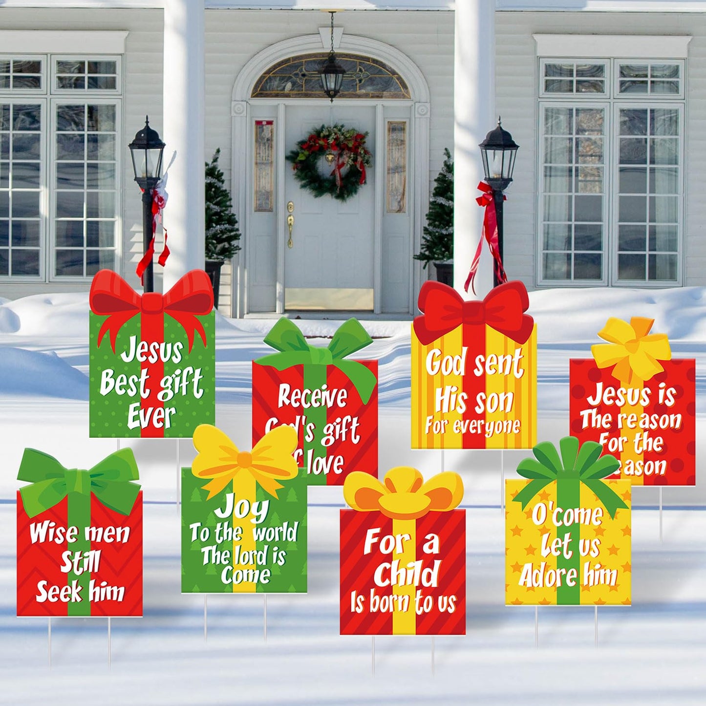 Suzile 8 Pcs Christmas Nativity Yard Signs with Stakes - Religious Gift Box Decorations - Jesus Is the Reason Lawn Ornament Sign for Church, Home, Inside & Outdoor Decoration