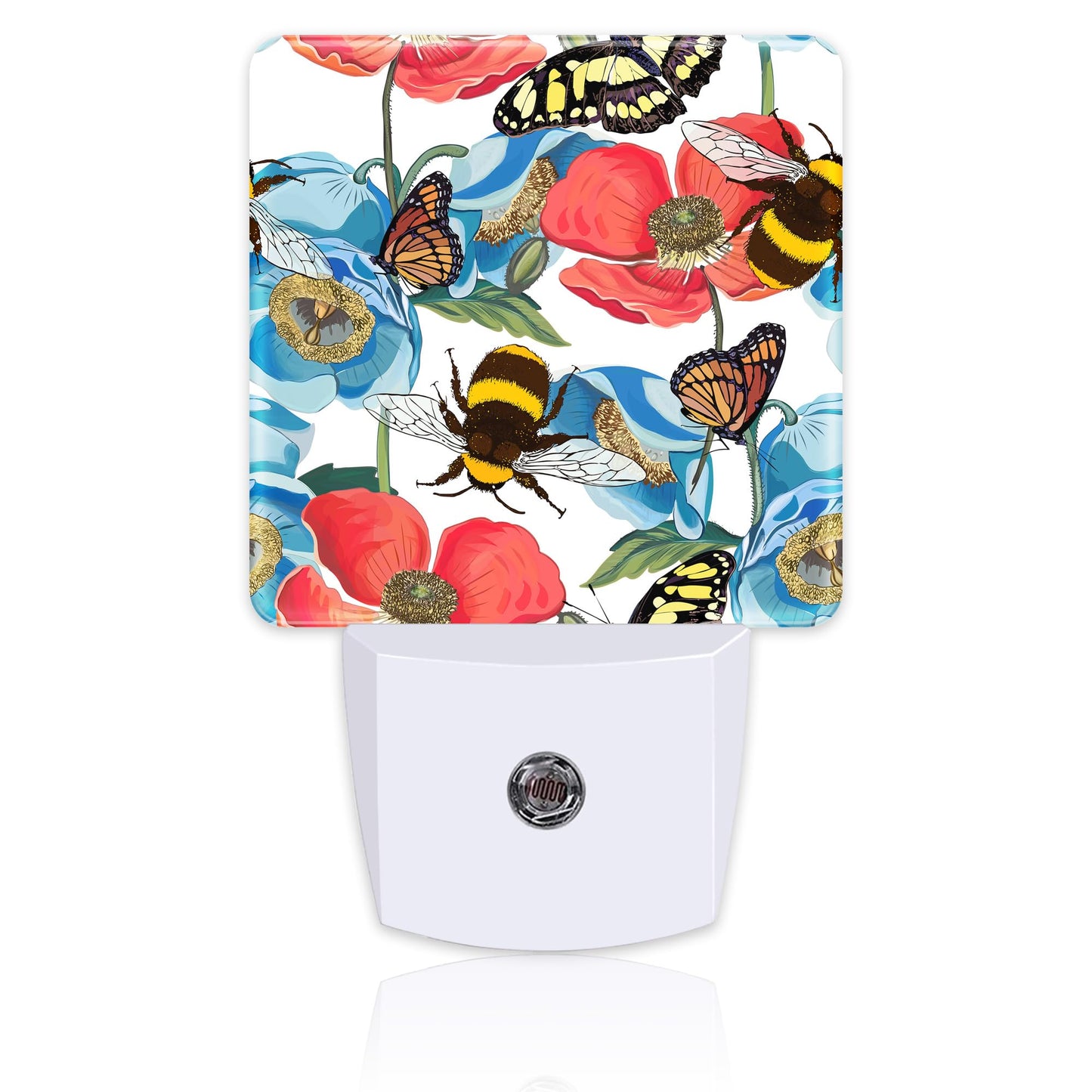 Red Poppy Flowers with Bee Butterflies Night Light for Kids,Bright Floral Insects Night Light Plug in with Dusk to Dawn Sensor,0.5w Energy Saving Nightlight for Hallway Stairway Kitchen Bedroom