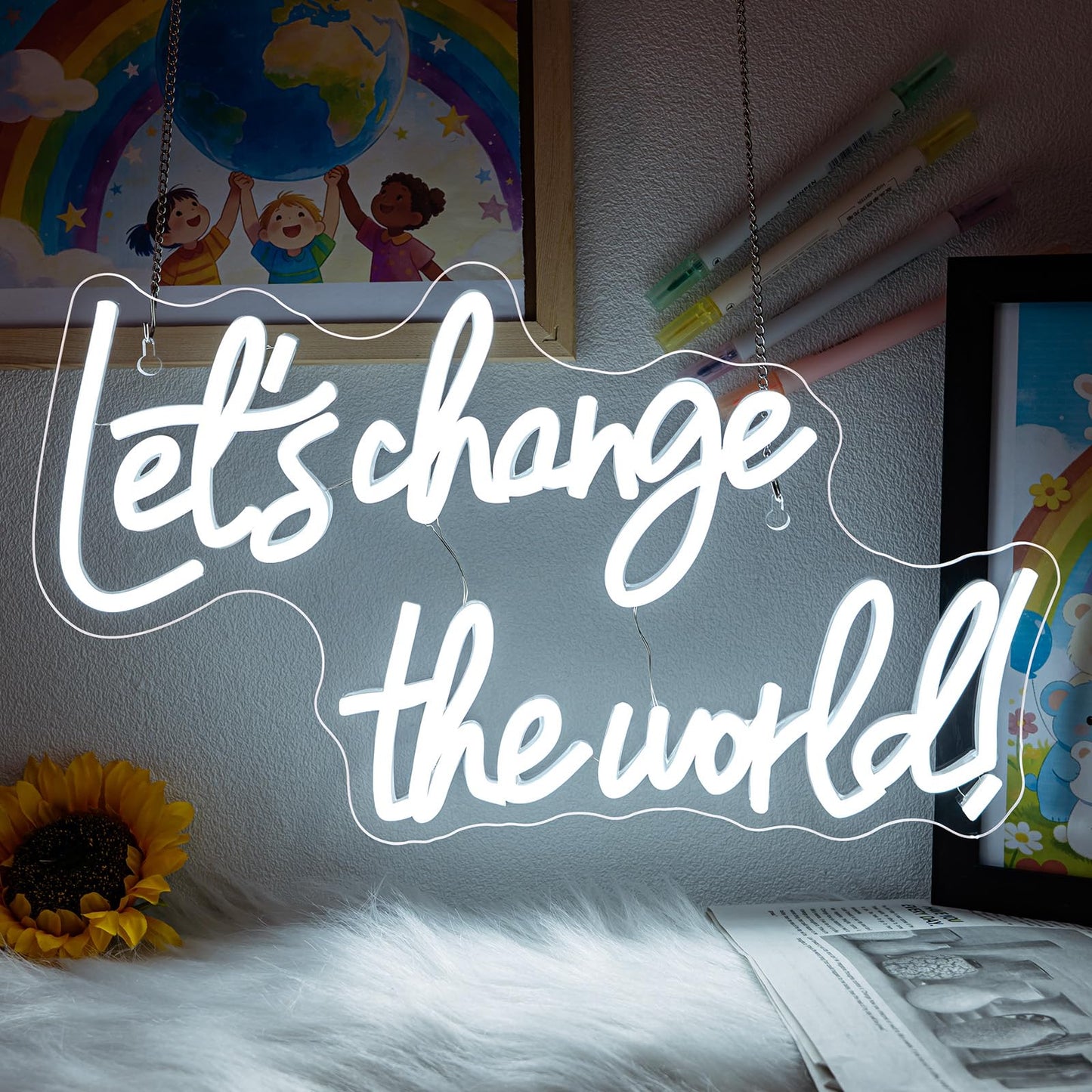 Horseneon Let's Change the World Neon Led Sign, White Neon Signs for Wall Decor, Neon Lights Signs with USB Powered for Bedroom, Living room, Wall Hanging Decor