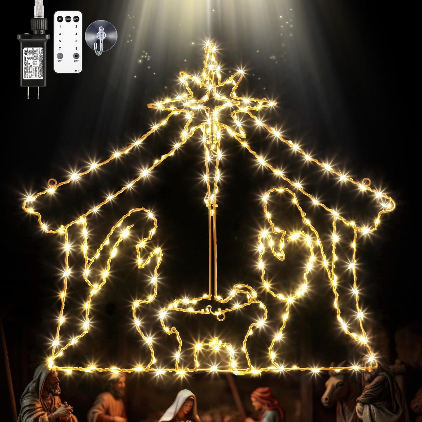 ElectricWise 26.4" Christmas Window Lights, Large Light up Nativity Scene Lighted with 260 LED & Remote, Star of Bethlehem Xmas Window Decorations Plug in for Decor Holiday Outdoor Indoor Home (White)