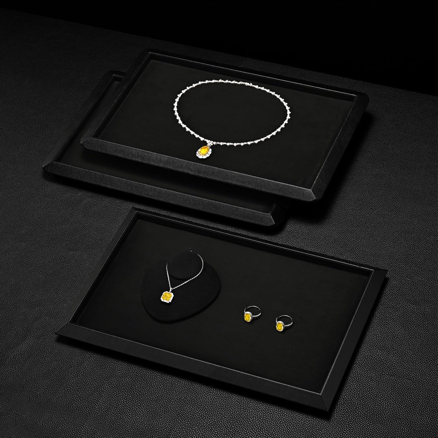 Oirlv Black Leather Jewelry Display Tray with Microfiber Lining, Premium Square Corner Organizer