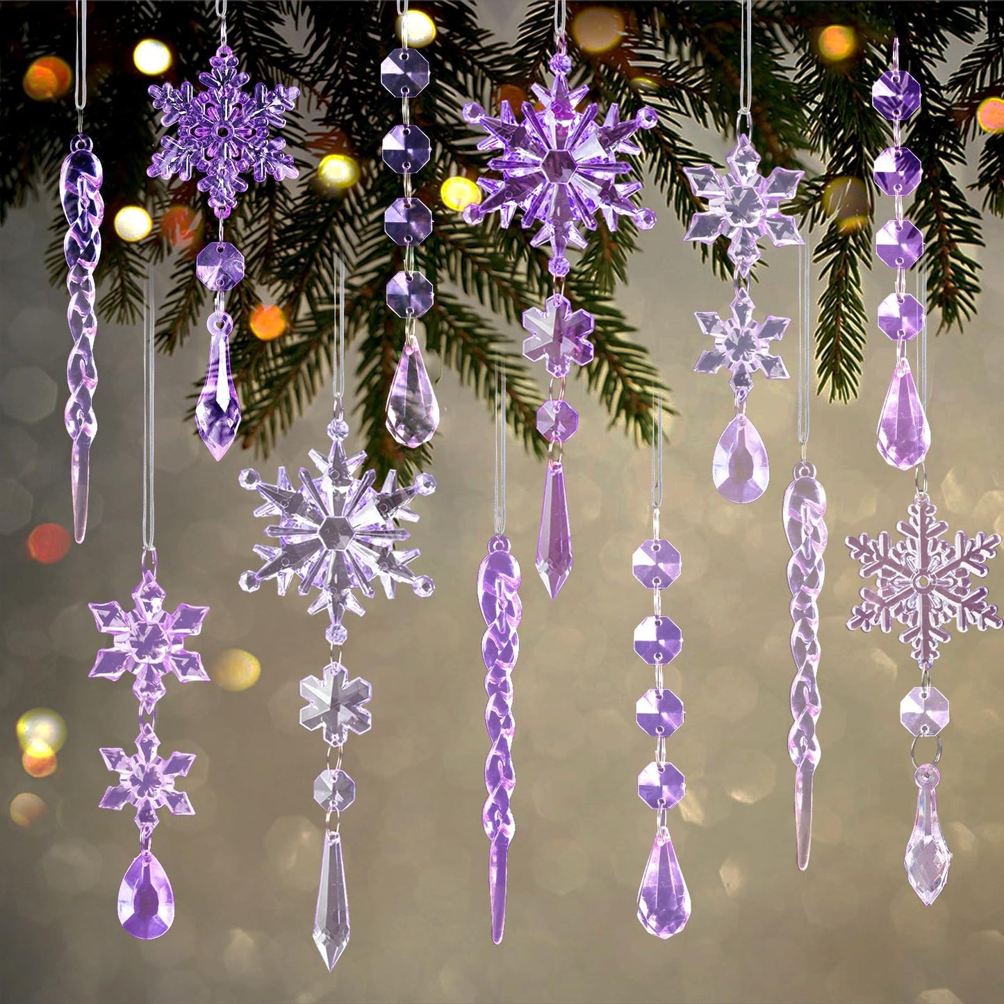 18pcs Crystal Christmas Ornaments for Christmas Tree Decorations-Dark Purple and Light Purple Hanging Acrylic Snowflake and Icicle Ornaments with Drop Pendants for New Year Party Decorations Supplies
