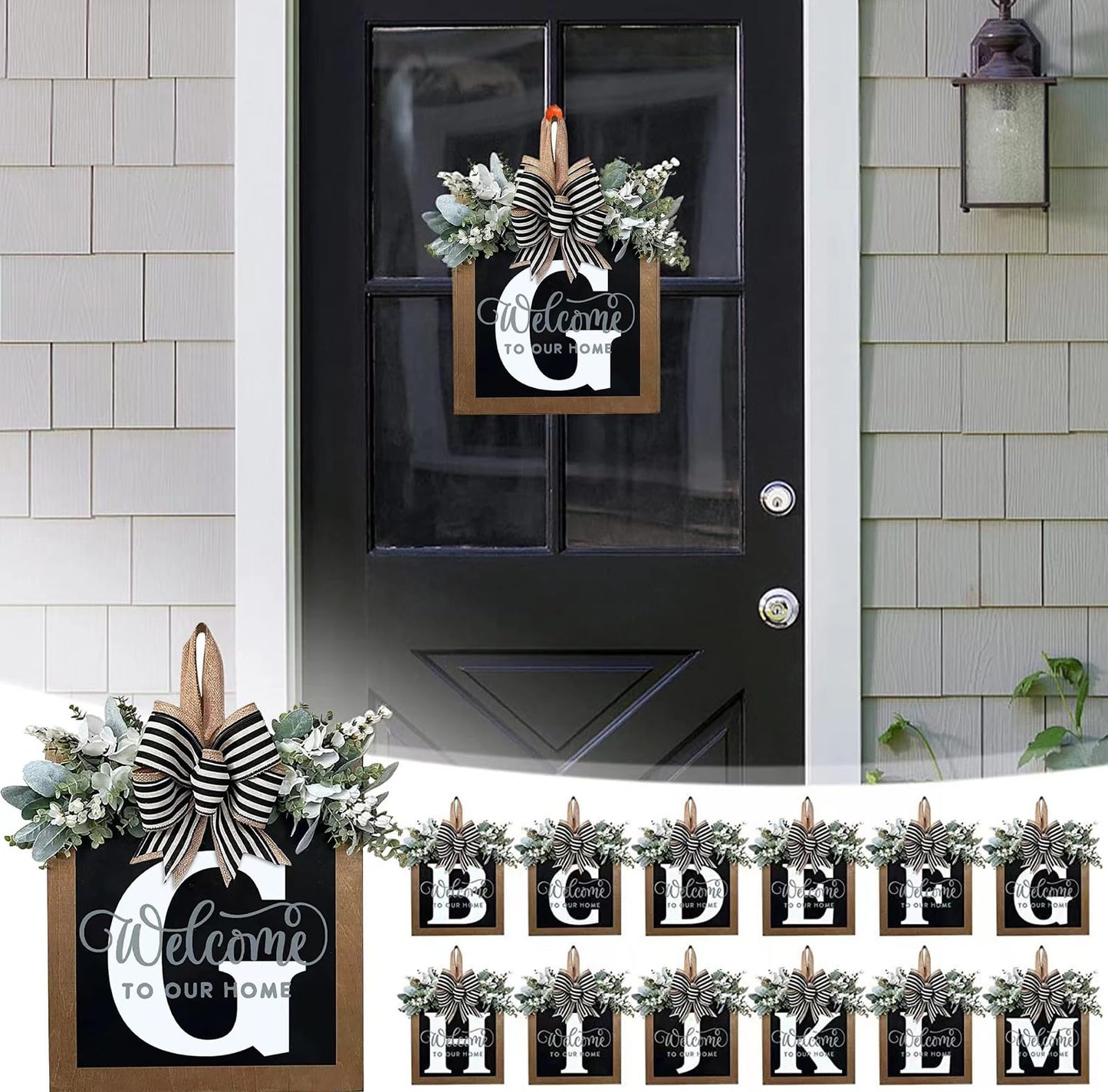 Last Name All Year Round Front Door Wreath with 26 Initial Letter Welcome Sign All Seasons Eucalyptus Garland and Bow ，Farmhouse, Porch, for Spring Summer Fall All Seasons Holiday Halloween Christmas.（G）