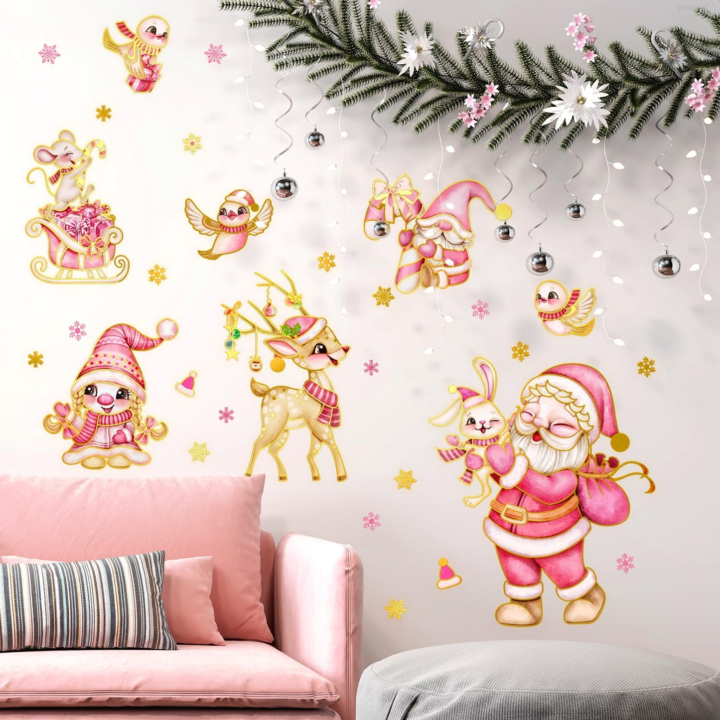 Wrdpyrmnis Pink Santa Claus Wall Stickers with Reindeer Christmas Gnome Window Sticker Decor Peel and Stick Wall Decals Window Clings for Room Classroom Christmas Decorations (1 Sheet)