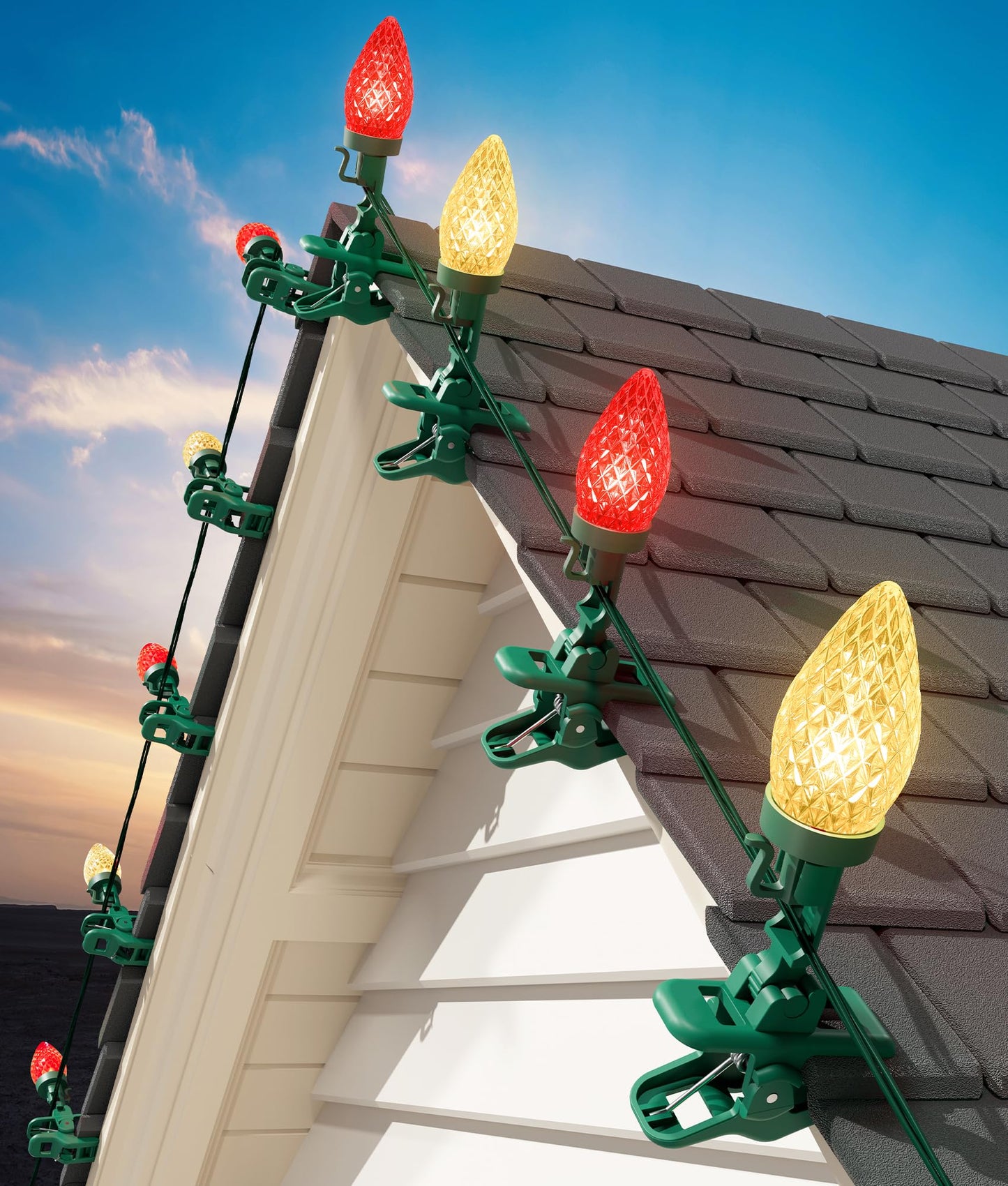 C9 LED Christmas Lights Outdoor, 99 Feet 150 LED String with Spring Clips, Waterproof Connectable Roofline Patio Home Xmas Decor, Red & Warm White