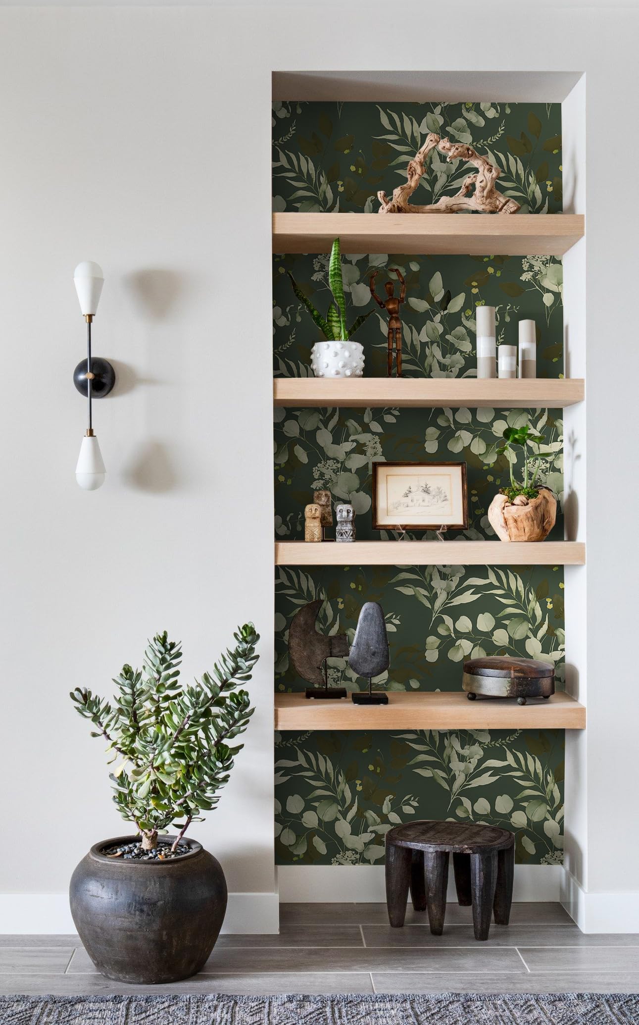 HAOKHOME Peel and Stick Wallpaper Boho Sage Green Eucalyptus Leaf Floral Wall Mural Home Nursery Decor Renter Friendly Wallpaper 17.3in x 9.8ft