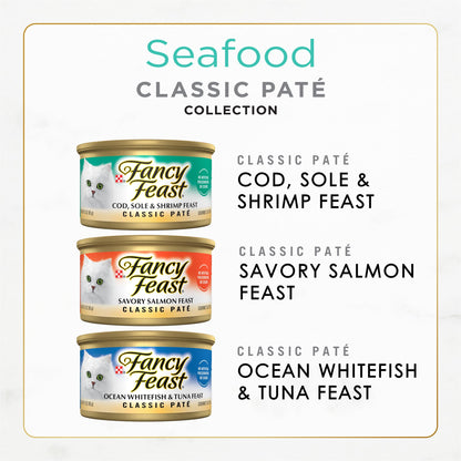 Purina Fancy Feast Seafood Classic Pate Collection Grain Free Wet Cat Food Variety Pack - (2 Packs of 12) 3 oz. Cans