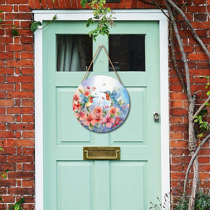 Spring Summer Hummingbird Birds Front Door Sign Farmhouse Spring Flowers Door Hanger 12"x12" Seasonal Summer Wooden Wreath for Outdoor Outside Porch Welcome Wall Hanging Decoration for Home