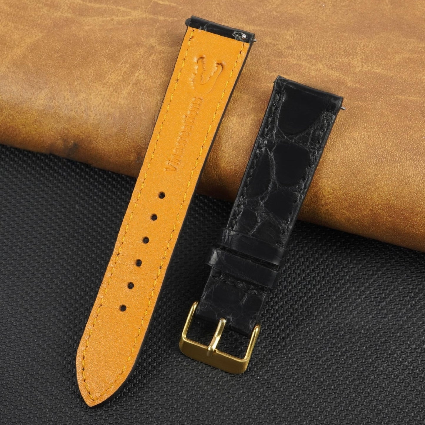 Premium 20mm Flat Black Watch Band for Men, Handcraft Leather Watch Strap, Easy Install Strap Gold Stainless Buckle Present Gift Husband Boyfriend Son Christmas Fathers Day Birthday DH21G20MM