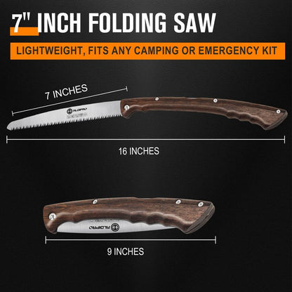 ALDIPRO 7" Folding Hand Saw with Genuine Wenge Wood Handle & Premium Brown Leather Sheath, Heavy Duty SK5 High Carbon Steel Pruning Saw for Bushcraft, Survival Gear, Camping & Tree Trimming, Gift