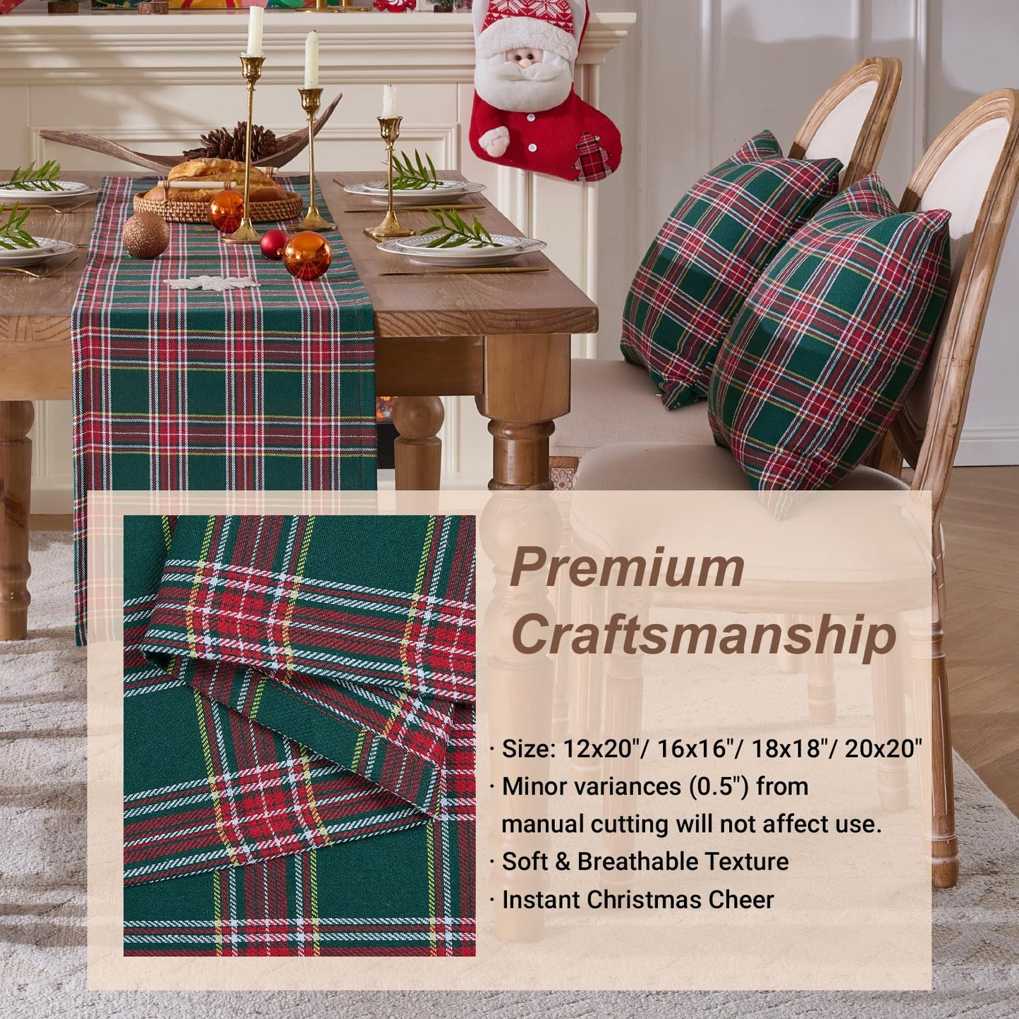 Green Tartan Plaid Christmas Decorative Throw Pillow Covers 18x18 Set of 2, Green Farmhouse Christmas Decor Buffalo Plaid Pillows for Couch & Living Room, Traditional Country Xmas Decorations
