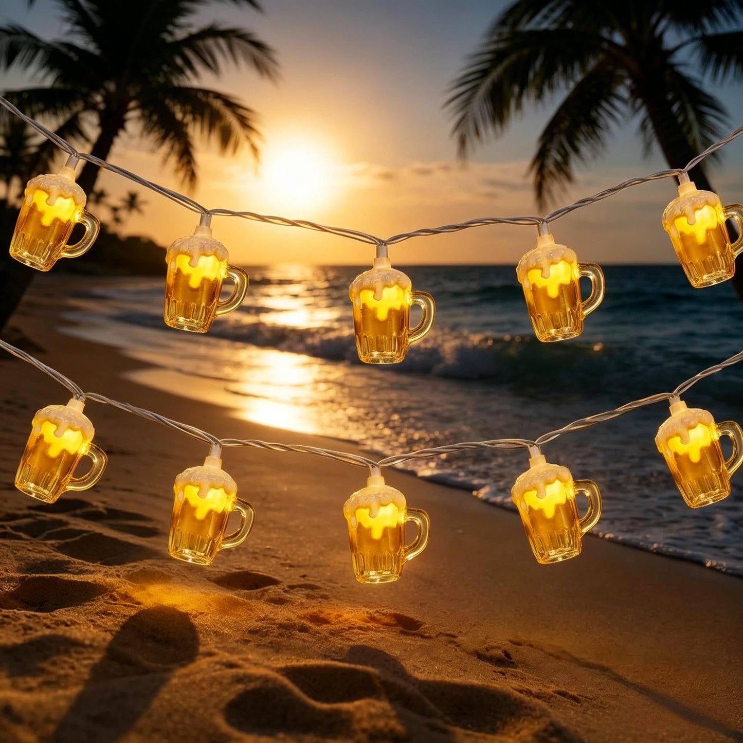 Beer Mug String Lights, 8.5Ft Hawaiian Beach Themed Party Decorations String Lights with 10 3D Beer Cup Lights, Outdoor Light Beer for Tropical Luau Party Beach Pool Summer Tiki Gifts Decorations