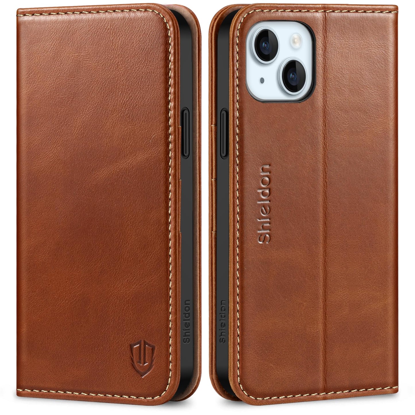 SHIELDON Case for iPhone 15 Plus 5G, Genuine Leather Wallet Magnetic Cover Kickstand RFID Blocking Credit Card Holder Shockproof Case Compatible with iPhone 15 Plus 6.7" 2023 - Retro Brown