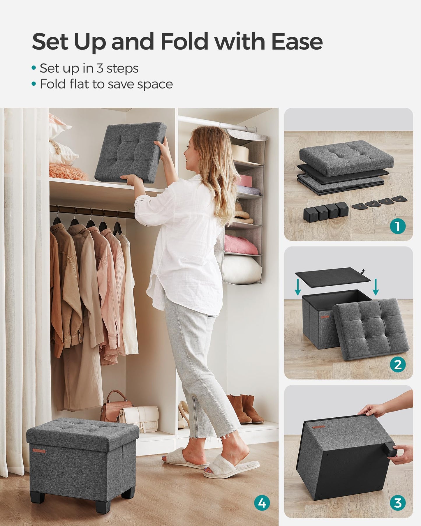 SONGMICS Storage Ottoman, Small Ottoman Foot Rest with Legs, 12.6 x 15.7 x 13.2 Inches Foot Stool, Load up to 660 lb, for Living Room, Bedroom, Dorm, Slate Gray ULSF012G01