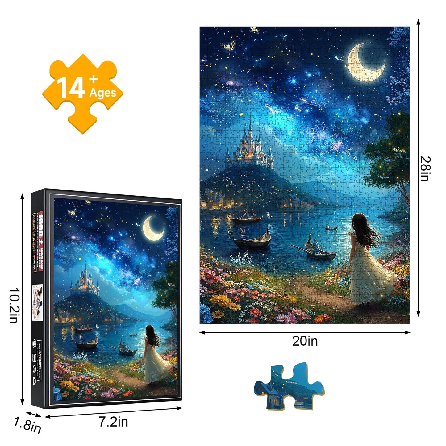1000 Piece Fairy Tale Castle Puzzle, Dreamy Starry Sky with a Girl by the Flowered Shore, Whimsical Night Scene Art Puzzle, Ideal Gift for Fantasy Lovers & Wall Decor