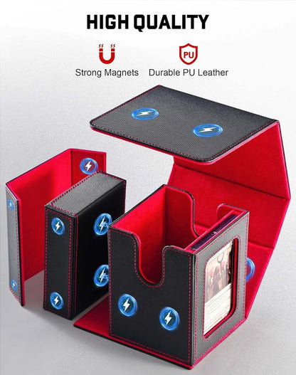 MTG Commander Deck Box - Holds 100 Double-Sleeved Cards with Dice Tray & Magnetic Card Holder | Black & Red