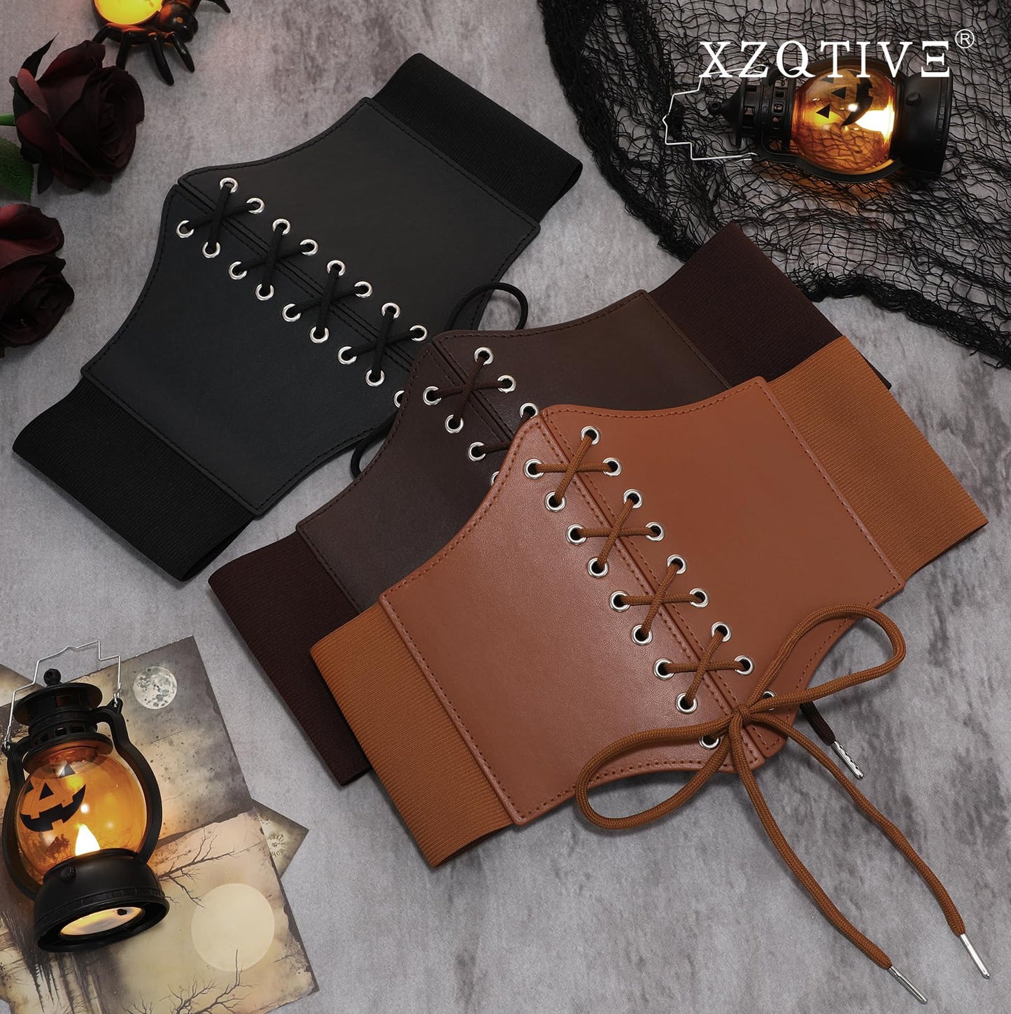 XZQTIVE Black Corset Waist Belt for Women, Wide Elastic Tie Waspie Belt for Dresses 4.7inch