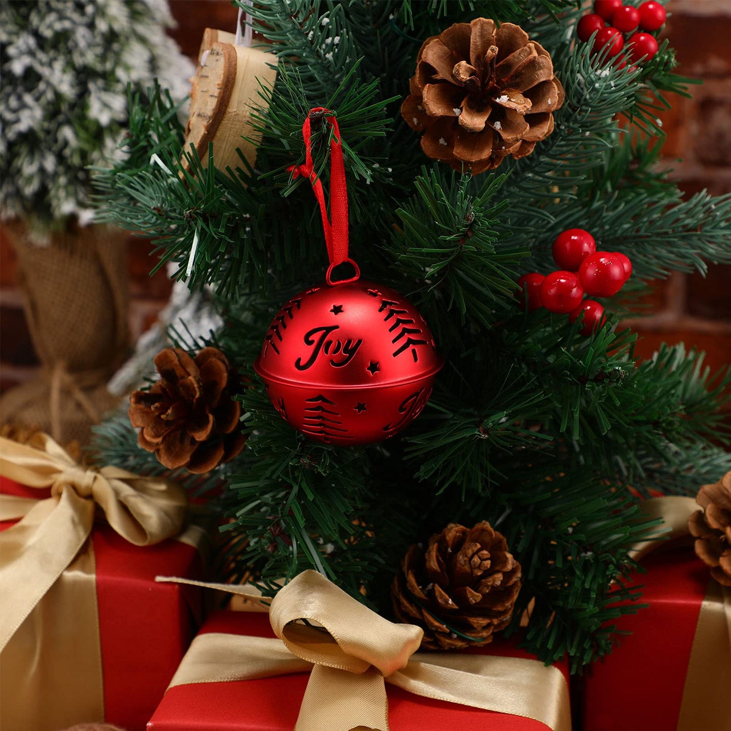 Hotop 6 Pieces Large Jingle Bell Christmas Joy Bell Metal Ornaments with Star Cutouts Sleigh Rustic Xmas Tree Wreath Garland Holiday Party DIY Decor(Red)