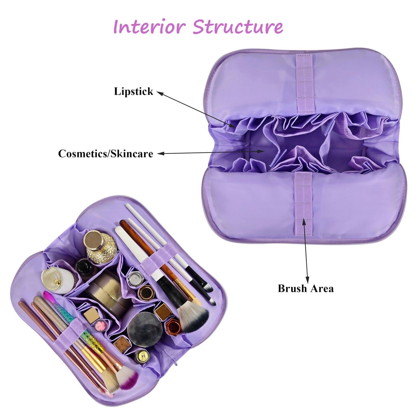 Tense Edano Travel Makeup Bag for Women, Waterproof Stand Up Cosmetic Bag with Brush Holders, Organizer Bag with Compartments, Fold-Down Design for Skincare, Toiletries & Essentials (Purple, Medium)