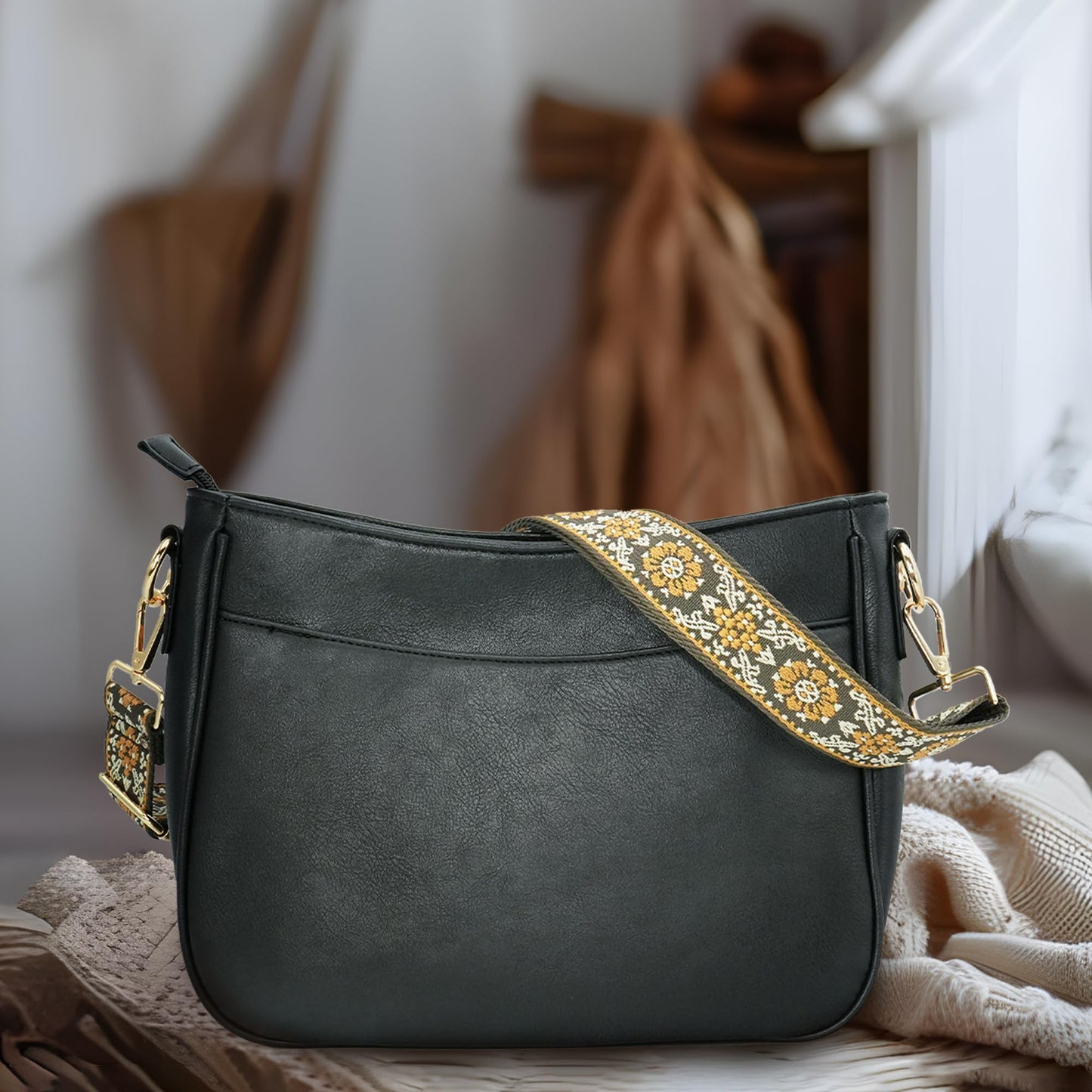 CIVECHOL Crossbody Bag for Women Bohemian Vintage Stylish Purse Vegan Leather Shoulder Bag with Adjustable Wide Strap
