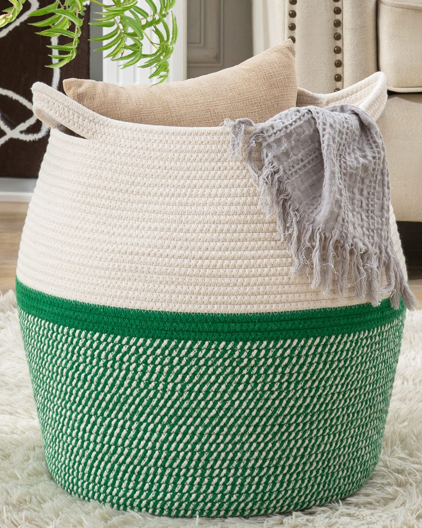 KAKAMAY Woven Baskets for Storage(17"x17"),Large Cotton Rope Woven Baby Laundry Hamper,Collapsible Laundry Basket, Blanket Basket for Organizing Living Room,Nursery,Pillows,Toy Chest(Green)