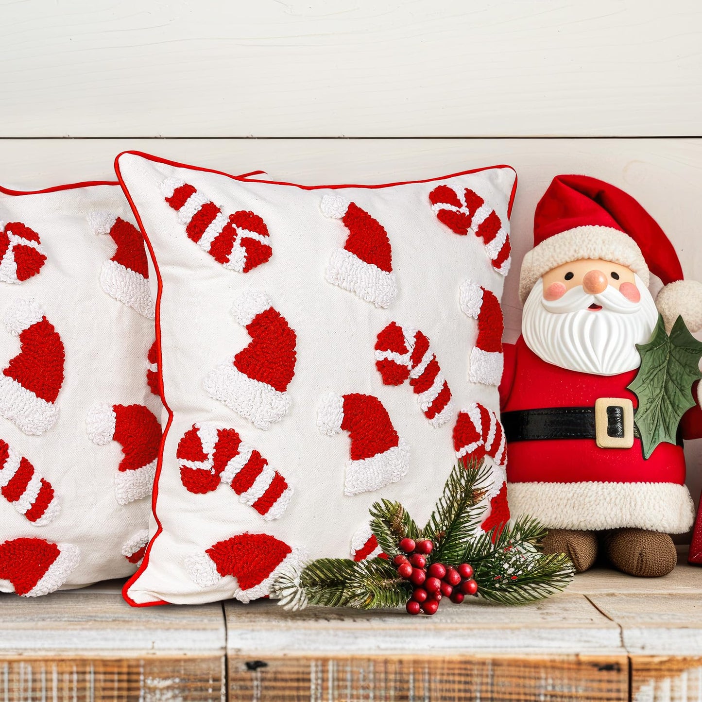 Whaline 2Pcs Christmas Tufted Throw Pillow Covers Red White Xmas Hat Candy Cane Pillow Case Winter Holiday Soft Cushion Cover for Sofa Couch Bed Home, 18 x 18 Inch