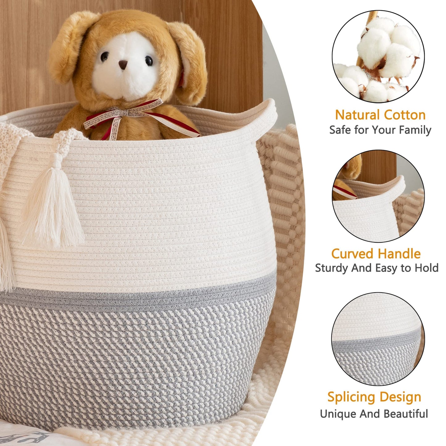 KAKAMAY Woven Baskets for Storage(17"x17"),Large Cotton Rope Woven Baby Laundry Hamper,Collapsible Laundry Basket, Blanket Basket for Organizing Living Room,Nursery,Pillows,Toy Chest(Grey)