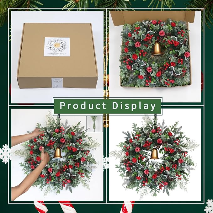 30inch Christmas Wreath, Artificial Winter Wreaths for Front Door with Bell Pinecone Berries for Outdoor Indoor Wall Tree Table Farmhouse Holiday Wedding Birthday Party Decorations