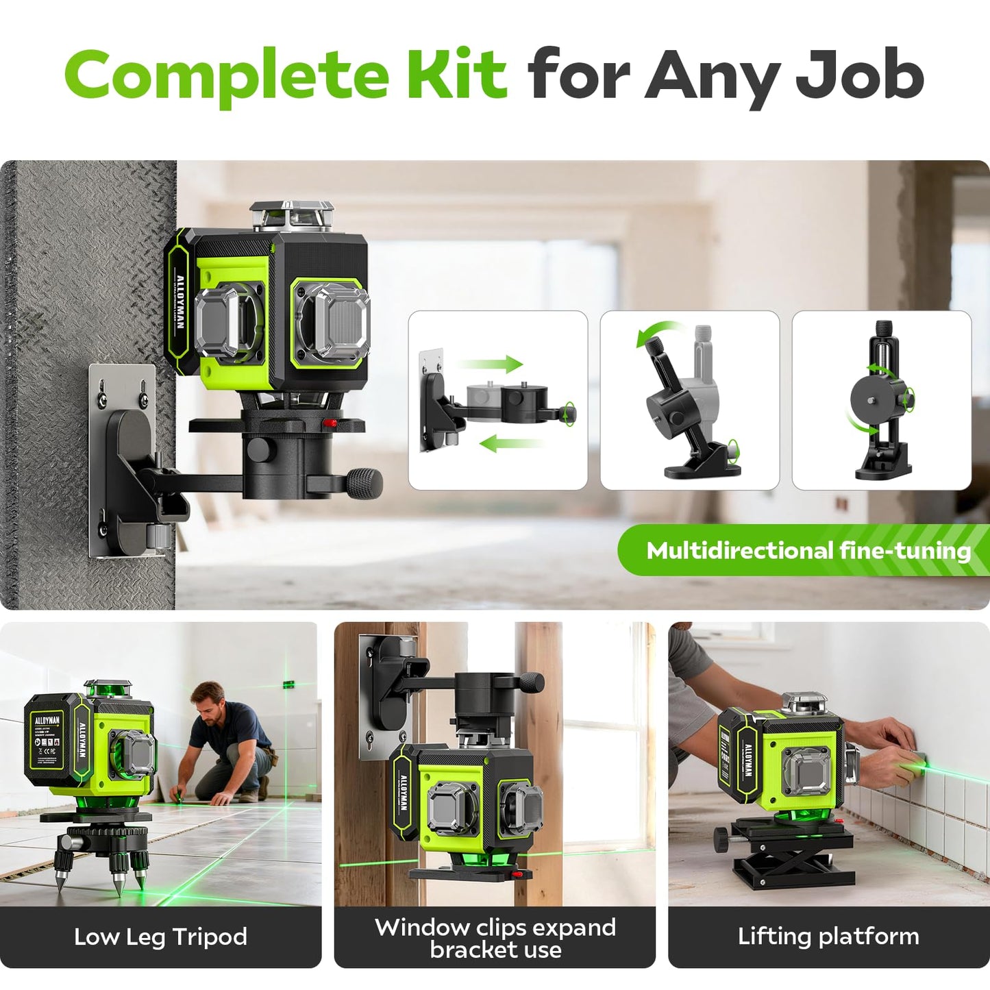 Alloyman Laser Level with Tripod, 4 × 360° Self Leveling Laser Level, Nivel Laser Green Line Lazer Leveler Tool for Picture Hanging, Home Renovation, Indoor Project, 2*Battery&Carrying Bag Included