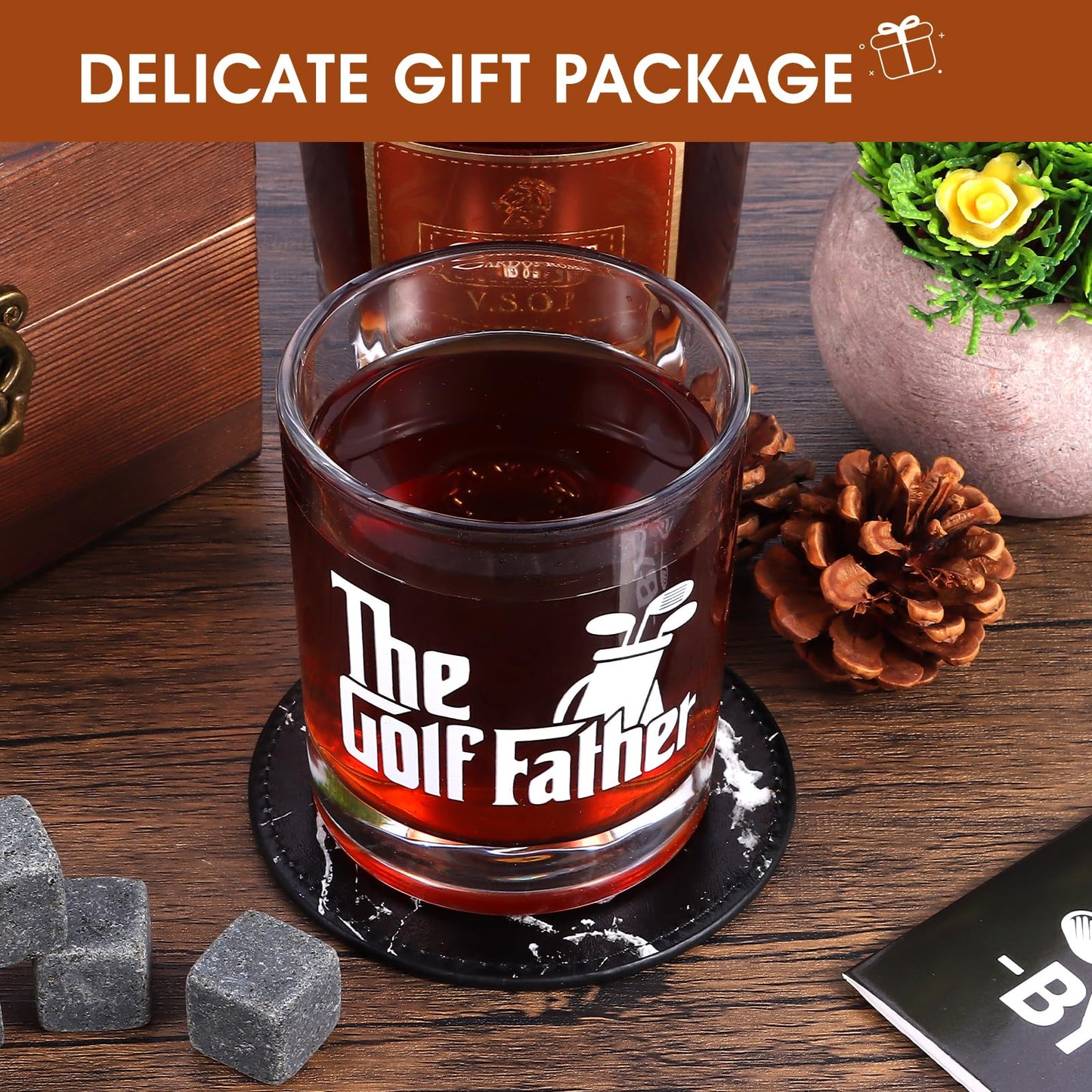 Bayelove Whiskey Glass Gifts for Golf Dad, Best Gift for Men, Gift with 12oz Whiskey Glasses, Stones, Coaster, Wooden Box for Golf-Dad
