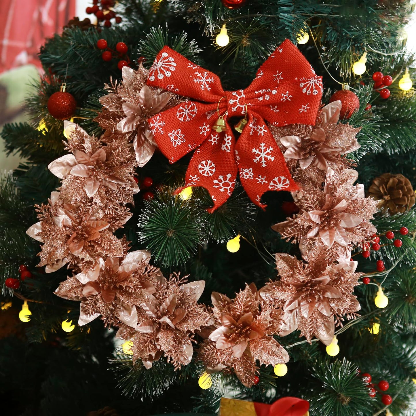 GREENTIME 12 Pcs Glitter Poinsettia 5.5" Artificial Flowers Christmas with Clips Stems Xmas Tree Ornaments for New Year Party Stairs Fireplace Porch Balcony Garden Church Wreath Decoration (Champagne)