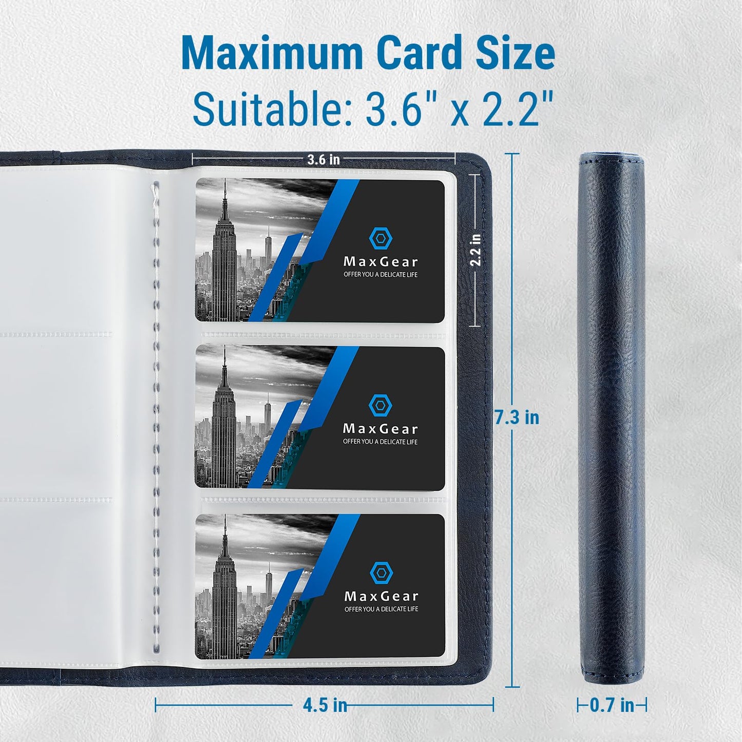 MaxGear Business Card Organizer Book, Holds 240 Cards, Portable PU Leather Business Card Holder with Clear Sleeves, Professional Card Binder for Office, Meetings, Networking, Blue